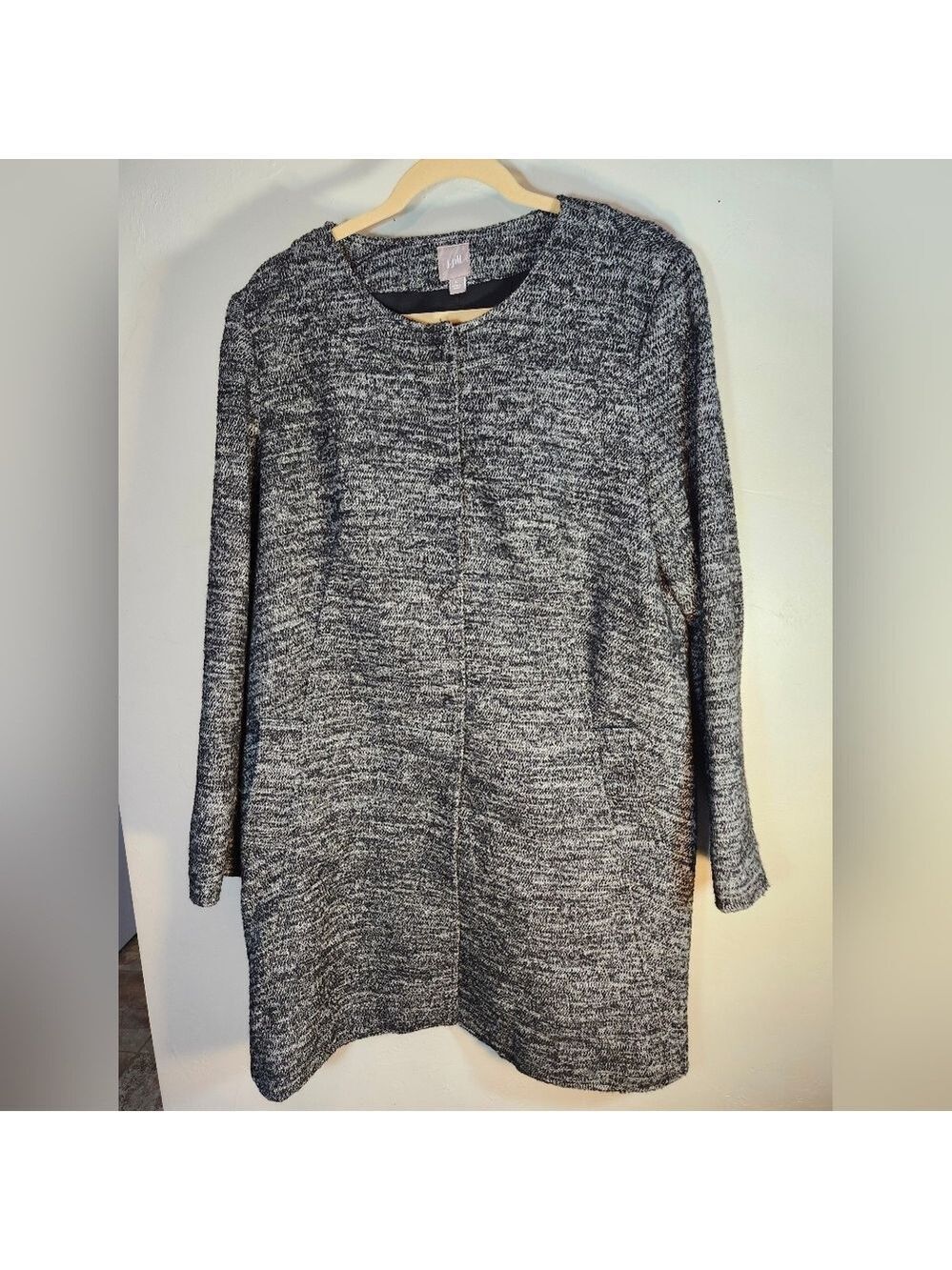 J Jill Gray Black Long Tweed Collarless Wool Blend Sz L